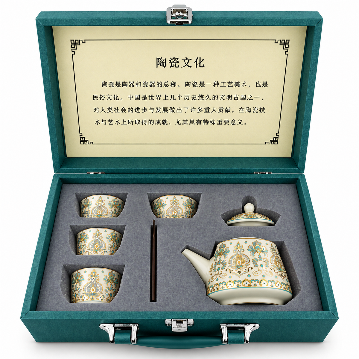Imperial Elegance Ceramic Tea Set – Turquoise & Gold | 1 Teapot + 4 Cups