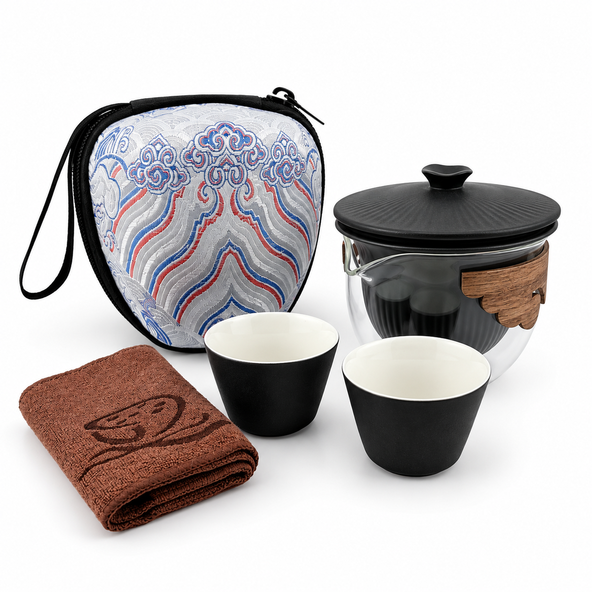 Imperial Palace Portable Travel Tea Set – Ceramic & Glass Kung Fu Tea Set with 2 Cups