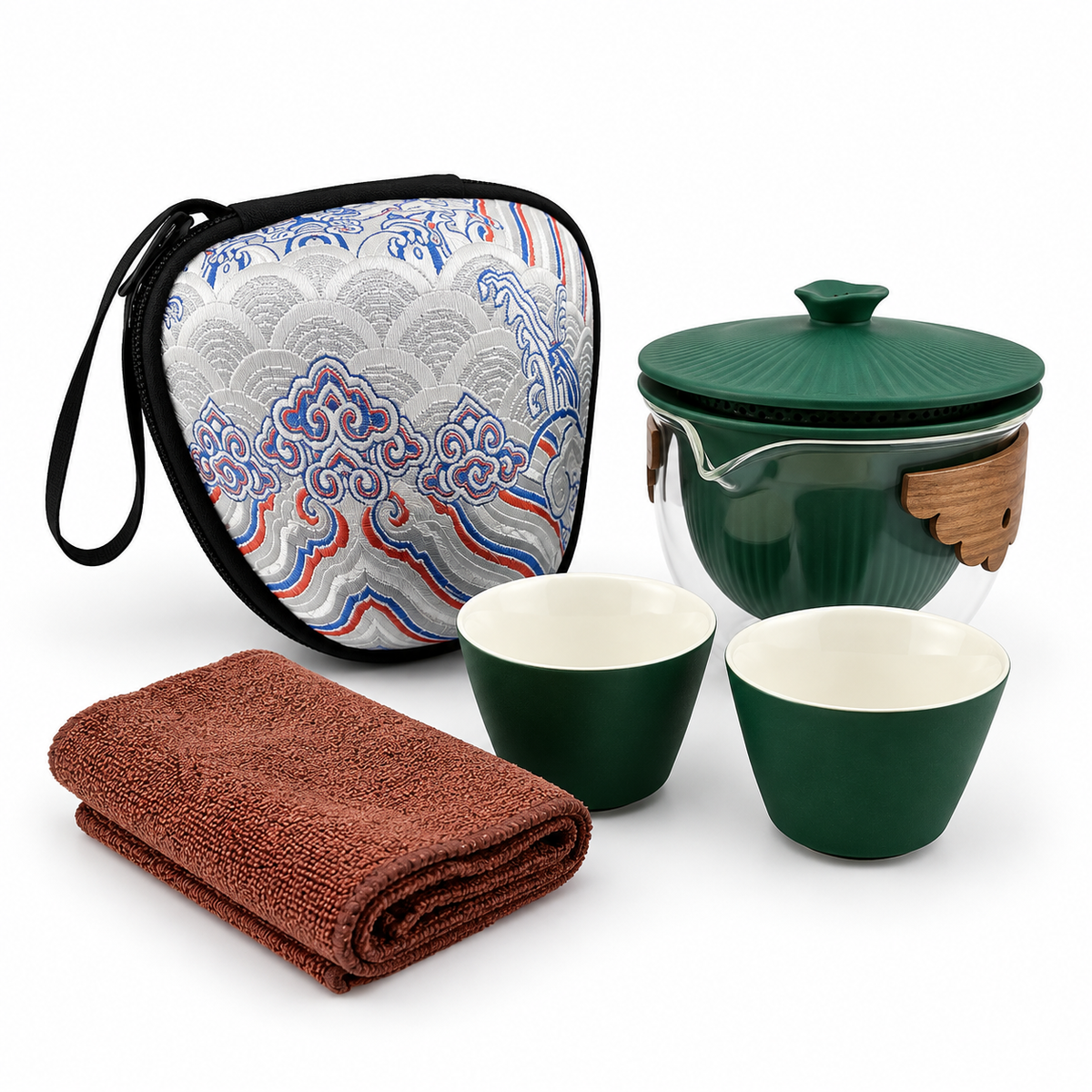 Imperial Palace Portable Travel Tea Set – Ceramic & Glass Kung Fu Tea Set with 2 Cups